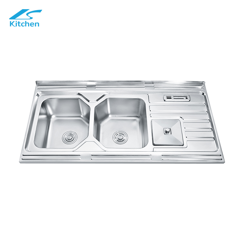 Stainless Steel 304 Topmount Double Bowl Kitchen Sink with Bin Commercial Kitchen Sink