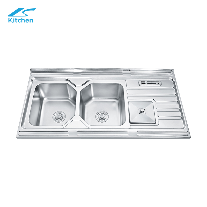 Stainless Steel 304 Topmount Double Bowl Kitchen Sink with Bin Commercial Kitchen Sink