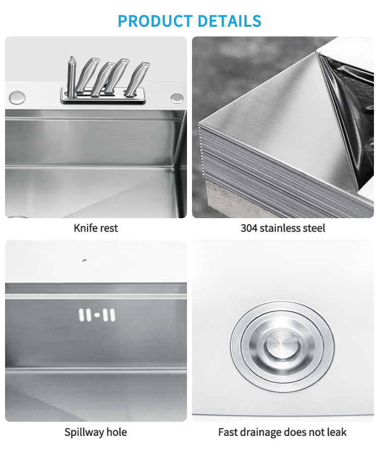 Silver Handmade Large Single Bowl Sink – 16 Gauge Stainless Steel with Knife Rack, Undermount – Deep Basin, Modern Kitchen Design