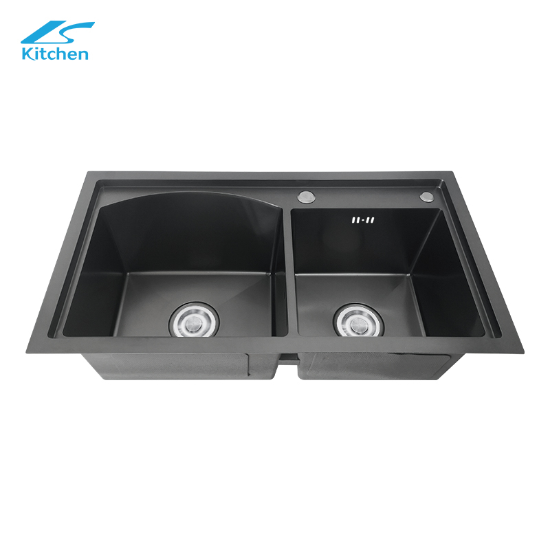 Black Double Bowl Handmade Stainless Steel Sink – Nano Coated, Rectangular Undermount with 2 Faucet Holes – Modern Kitchen Luxury Sink