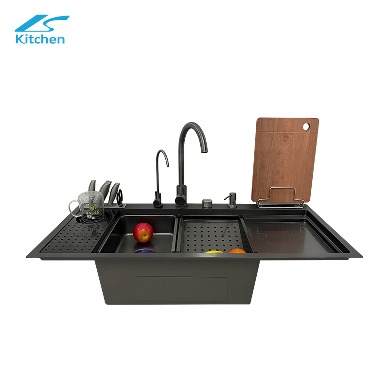 Black Waterfall Kitchen Sink – Large Single Bowl Smart Design with Knife Rack, Purifier, Soap Dispenser – Modern Luxury Kitchen Upgrade