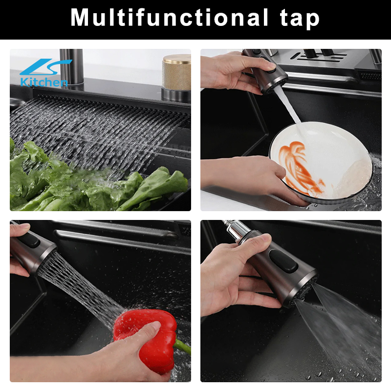 OEM ODM Rectangular Black 304 Single Large Bowl Stainless Steel Farmhouse Handmade Smart Rainfall Multi-function Kitchen Sink