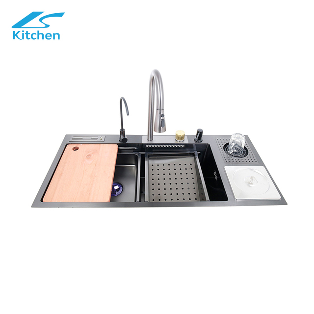 Multi-function Single Bowl Rectangular Stainless Steel Kitchen Sink Black Waterfall Style