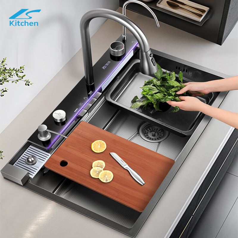 Black Modern Fashion Waterfall Kitchen Sink Sus304 Stainless Steel Single Large Kitchen Sink