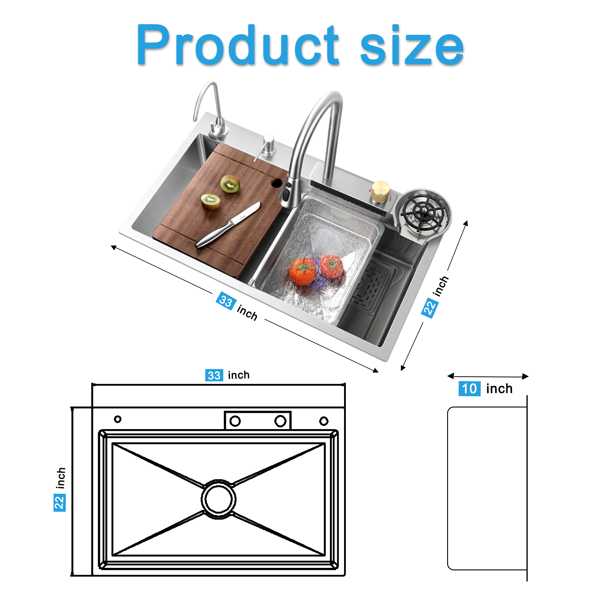 33 inches Waterfall Kitchen Sink, Top mount Single Bowl Sink,16 Gauge Multifunctional Stainless Steel Sink 