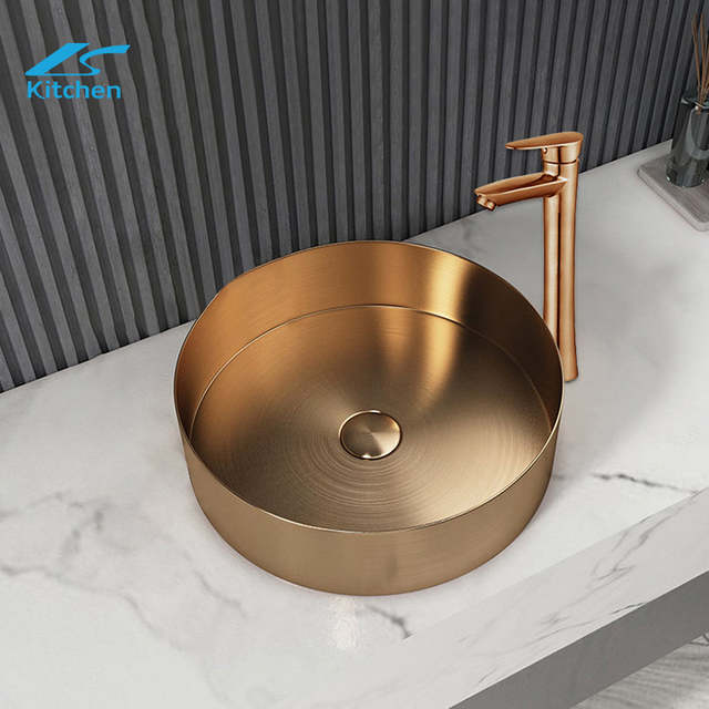 Vessel Round Sink luxury design bathroom stainless steel wash basin with easy to clean outdoor golden sink