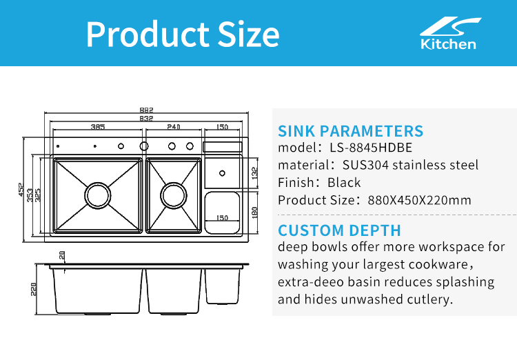 Smart multifunction black kitchen sink with dual handmade bowls, knife holder, cutting board rack, soap dispenser & more – ideal for modern homes.