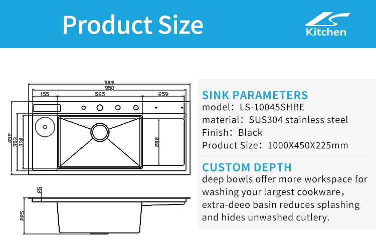 Black Waterfall Kitchen Sink – Large Single Bowl Smart Design with Knife Rack, Purifier, Soap Dispenser – Modern Luxury Kitchen Upgrade