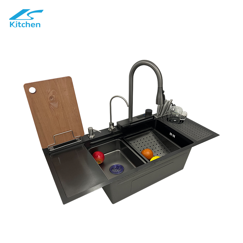 Hot Sale Black Large Single Bowl Multi-function Waterfall Kitchen Sink with Chopping board rack, Soap dispenser, Water purifier, Waterfall faucet, Knife rack