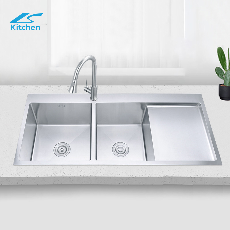 OEM Style Customized Stainless Steel Double Bowl Kitchen Sinks With Water Flow Drainboard Work Table Modern Kitchen Sink