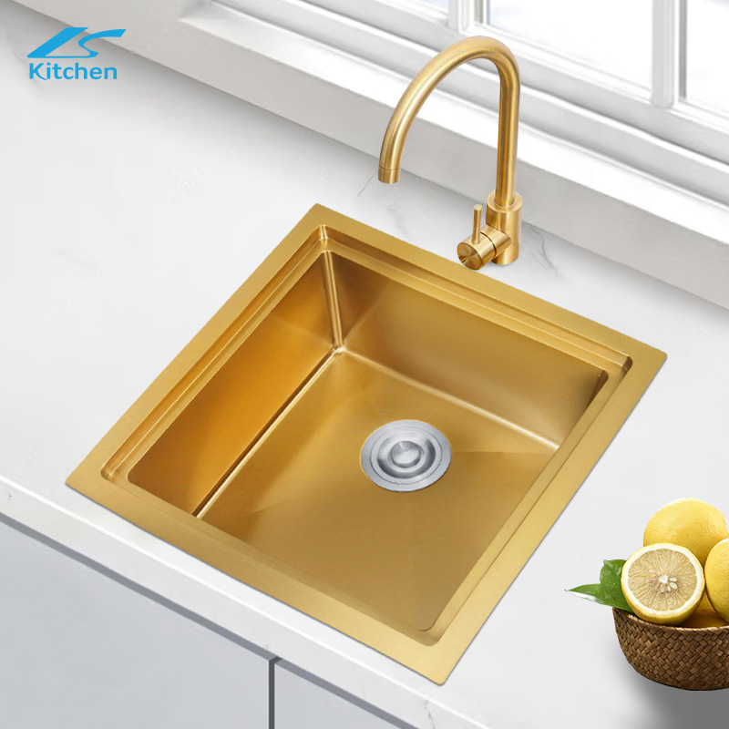 Hot Sale Gold Square Kitchen Sink Single Bowl Stainless Steel with Drainboard Counter Kitchen Sink