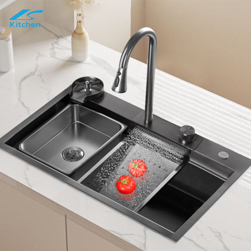 Modern Stainless Steel Workstation With Cup Washer,Draining basket, basin, drain, chopping board Waterfall Multi-Functional Kitchen Sink 