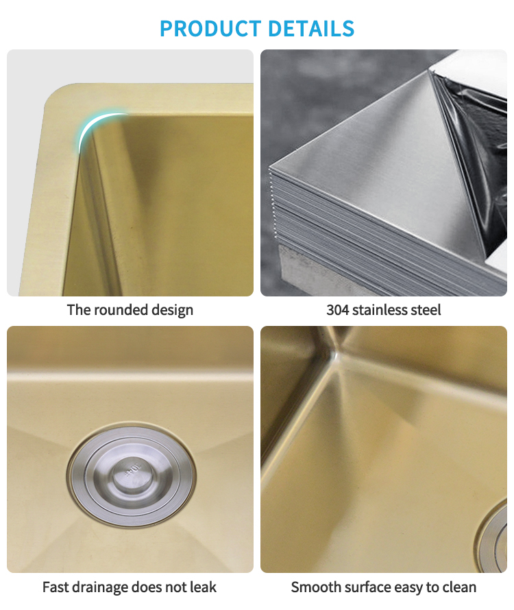Singe Handmade Golden Basin 19.6” for Undermount Installation 304 Stainless Steel Kitchen Sink 