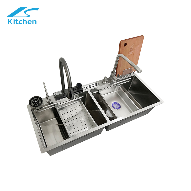 Double Bowl Luxury Modern Smart Tap Knife Holder Kitchen Sink with 304 Stainless Steel 