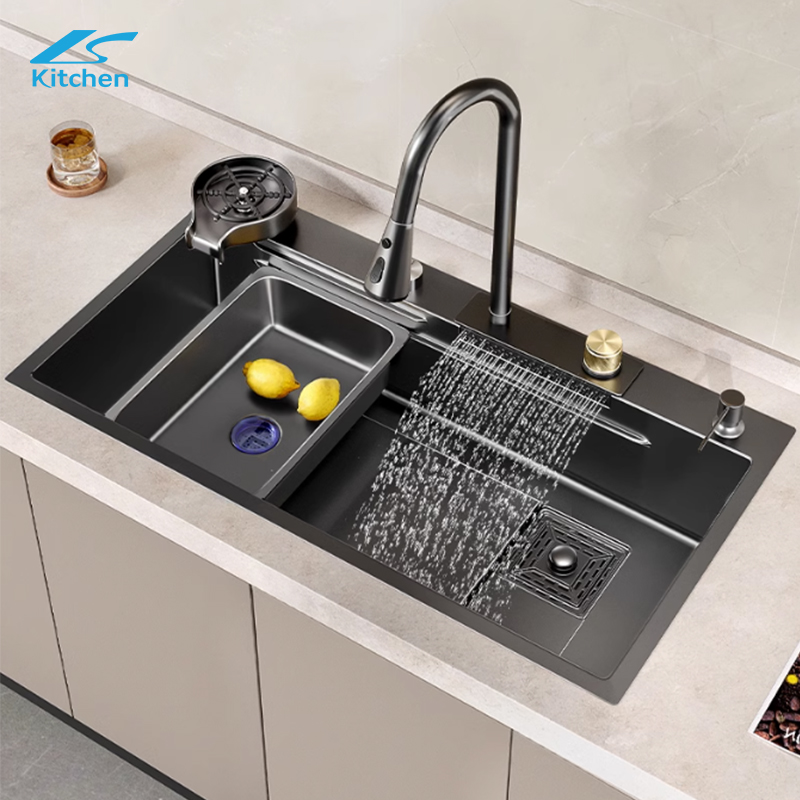 Modern Multifunction Rectangular Single Bowl Stainless Steel Waterfall Kitchen Sink