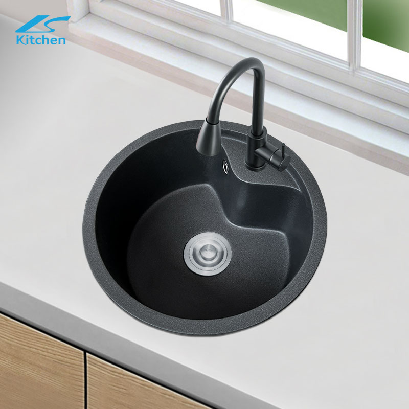Black modern and simple design quartz stone sink, round household and commercial kitchen and bathroom washbasin