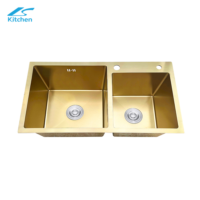Gold High Grade Factory Custom Handmade Kitchen Sink Double Basin with one large size and one small size Stainless Steel Sink