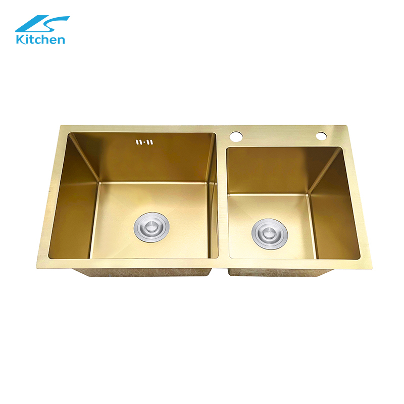 Gold High Grade Factory Custom Handmade Kitchen Sink Double Basin with one large size and one small size Stainless Steel Sink