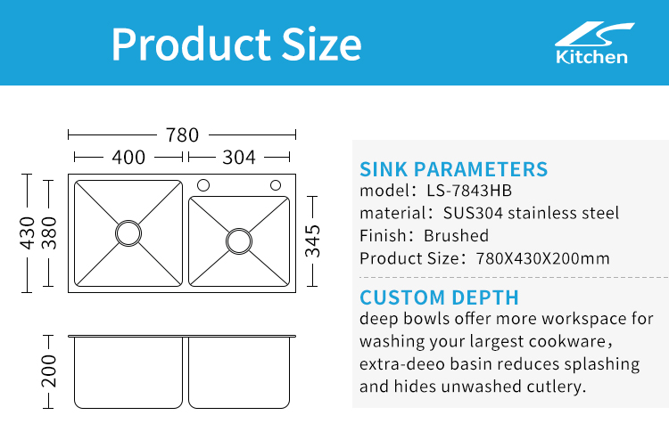 Gold High Grade Factory Custom Handmade Kitchen Sink Double Basin with one large size and one small size Stainless Steel Sink