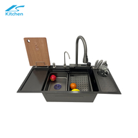 Hot Sale Black Large Single Bowl Multi-function Waterfall Kitchen Sink with Chopping board rack, Soap dispenser, Water purifier, Waterfall faucet, Knife rack