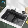 Black Stepped Double Bowl Handmade Sink – 304 Stainless Steel with Knife Rack, Space-Saving Design – Modern Luxury Kitchen Upgrade