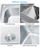 Durable Single Square Bowl Stainless Steel Kitchen Sink Above Counter Installation with Special-shape Drainboard 