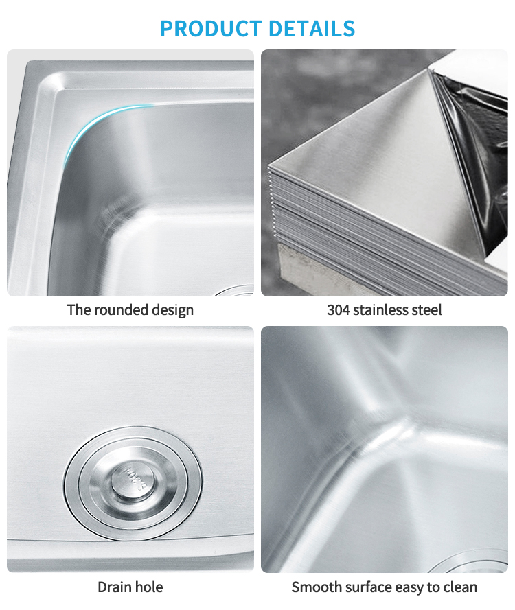 Durable Single Square Bowl Stainless Steel Kitchen Sink Above Counter Installation with Special-shape Drainboard 