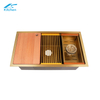 Luxury Style Golden Kitchen Handmade Stainless Steel Sink Stepped Flume with Draining Basket, Roller Shutter Draining Rack, Cutting Board