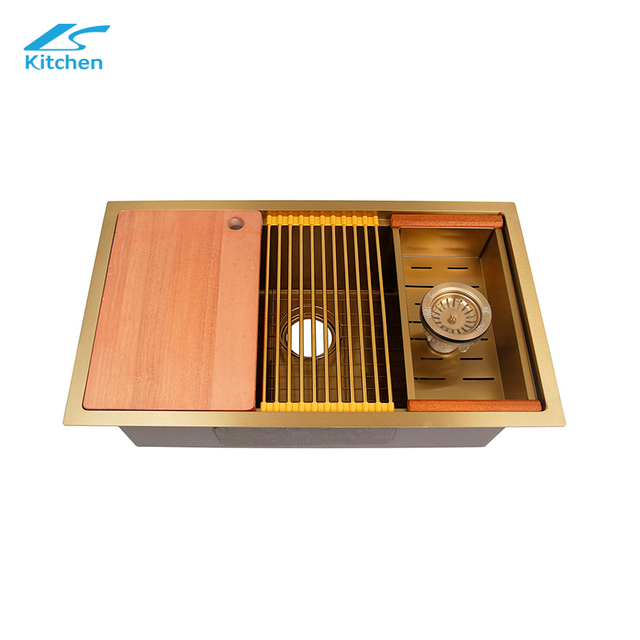 Luxury Style Golden Kitchen Handmade Stainless Steel Sink Stepped Flume with Draining Basket, Roller Shutter Draining Rack, Cutting Board