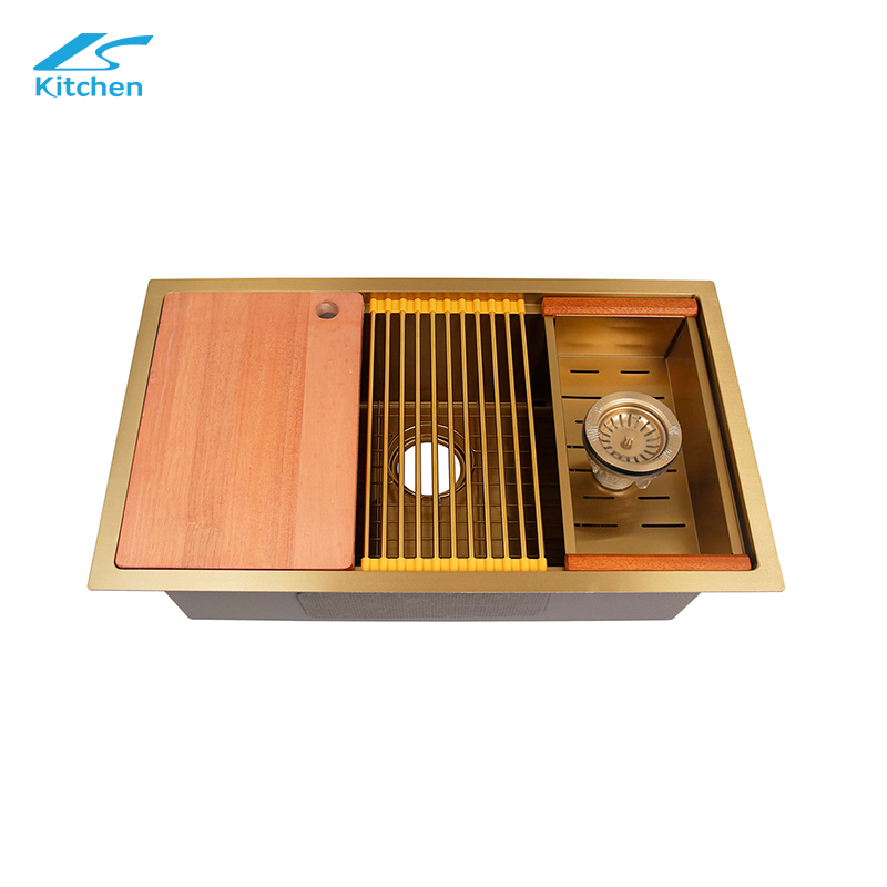 Luxury Style Golden Kitchen Handmade Stainless Steel Sink Stepped Flume with Draining Basket, Roller Shutter Draining Rack, Cutting Board