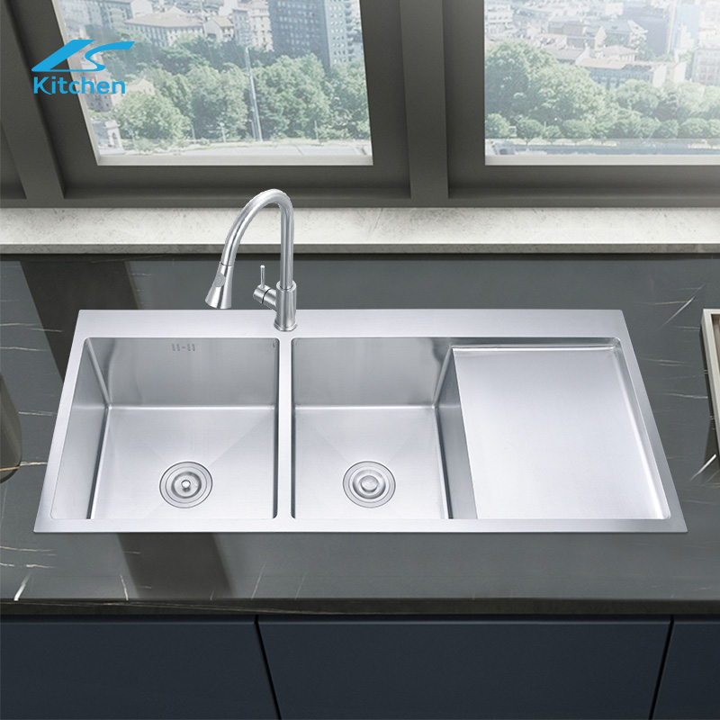 OEM Style Customized Stainless Steel Double Bowl Kitchen Sinks With Water Flow Drainboard Work Table Modern Kitchen Sink