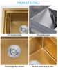 Hot Sale Gold Square Kitchen Sink Single Bowl Stainless Steel with Drainboard Counter Kitchen Sink