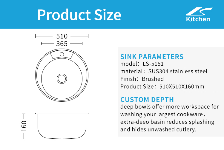 Sink Round Pressed Sink Stainless Steel Single Bowl Kitchen Sink for Home Use Above Counter Installation 