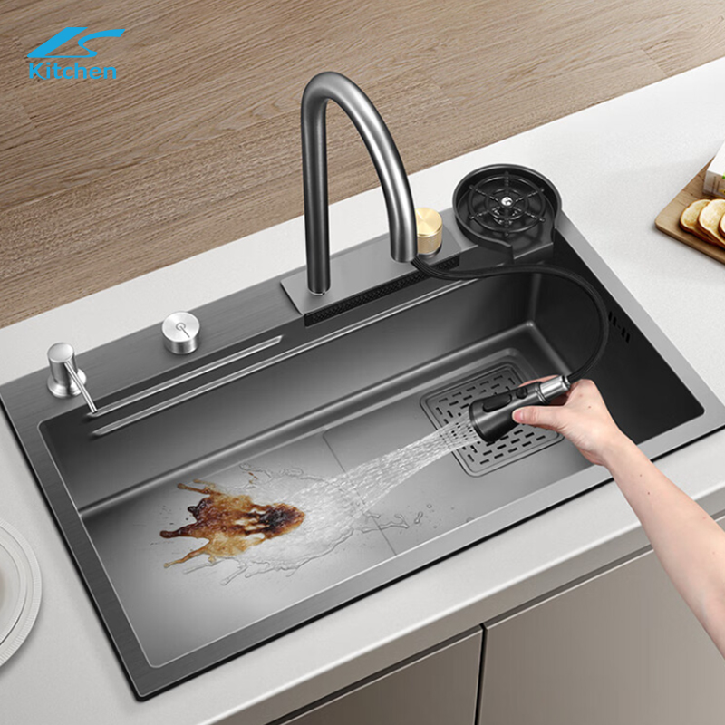 Modern Stainless Steel Workstation With Cup Washer,Draining basket, basin, drain, chopping board Waterfall Multi-Functional Kitchen Sink 