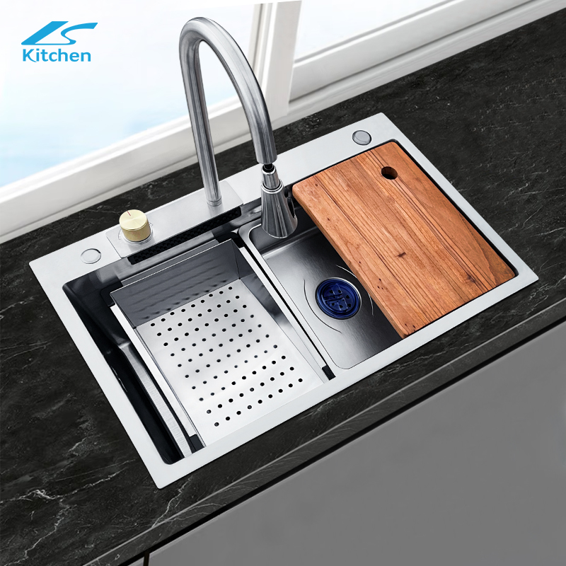 White Silver 5-Keys Digital Display Rainfall Waterfall Kitchen Sink Undermount Stainless Steel Sink
