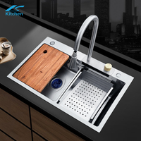 White Silver 5-Keys Digital Display Rainfall Waterfall Kitchen Sink Undermount Stainless Steel Sink