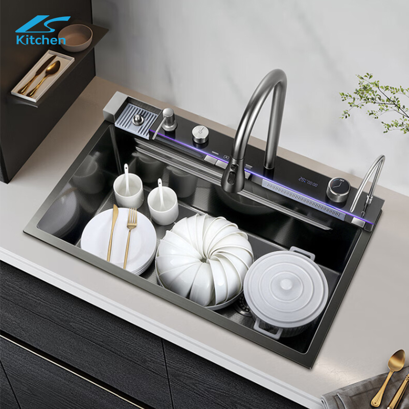 Black Modern Fashion Waterfall Kitchen Sink Sus304 Stainless Steel Single Large Kitchen Sink