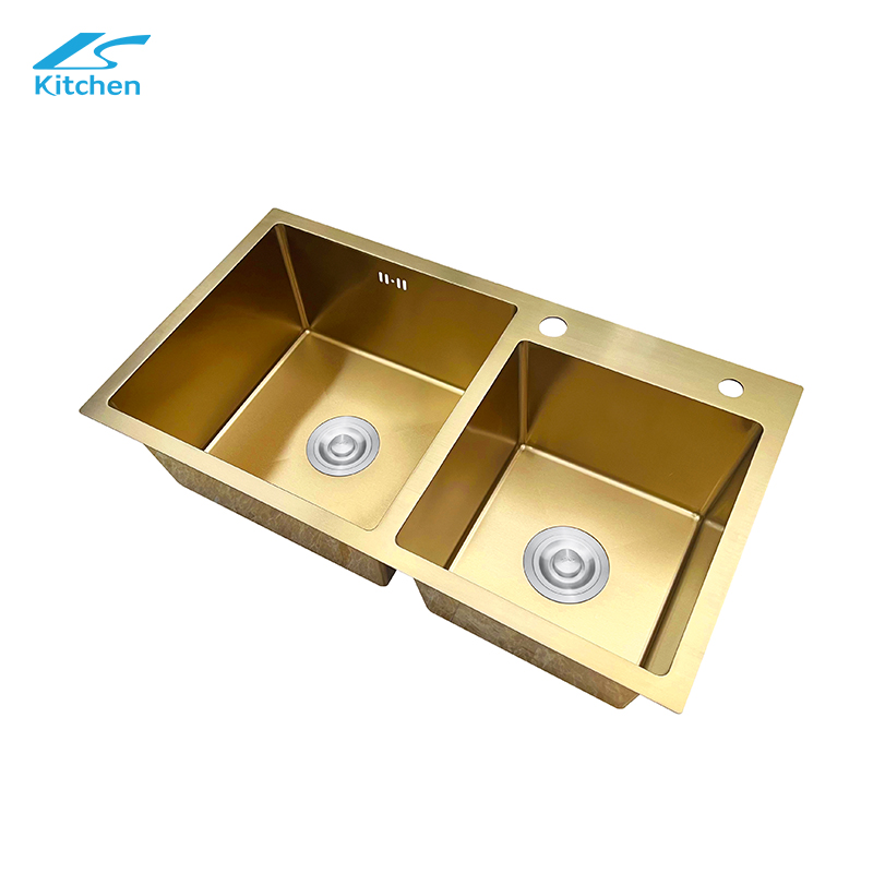 Gold High Grade Factory Custom Handmade Kitchen Sink Double Basin with one large size and one small size Stainless Steel Sink