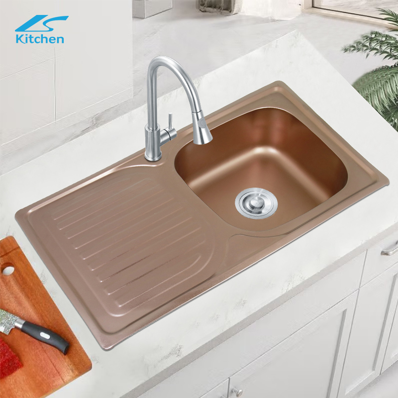 Brushed Rose Gold SUS 304 Stainless Steel Single Bowl Kitchen Sink with Utility Shelf – Top Mount Design for Home and Rural Kitchens – Deep Basin & Modern House Sink