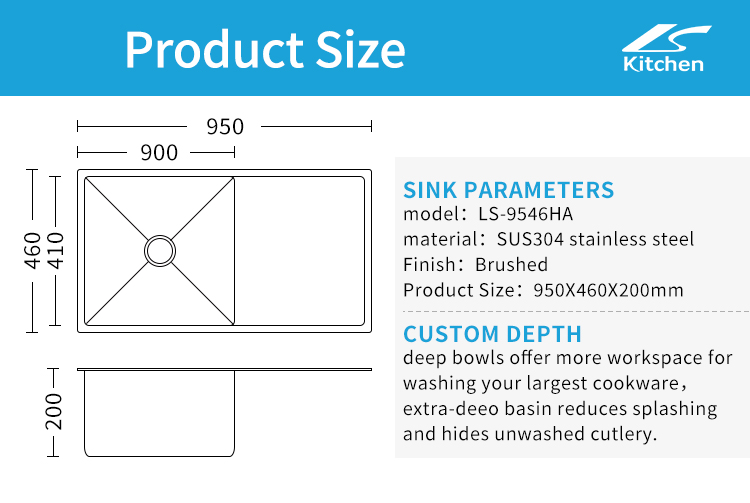 9546 Single Bowl Kitchen Sink with Plates Nano Black 304 Stainless Steel Counter One-Hole Drainboard Rectangular Undermount Design