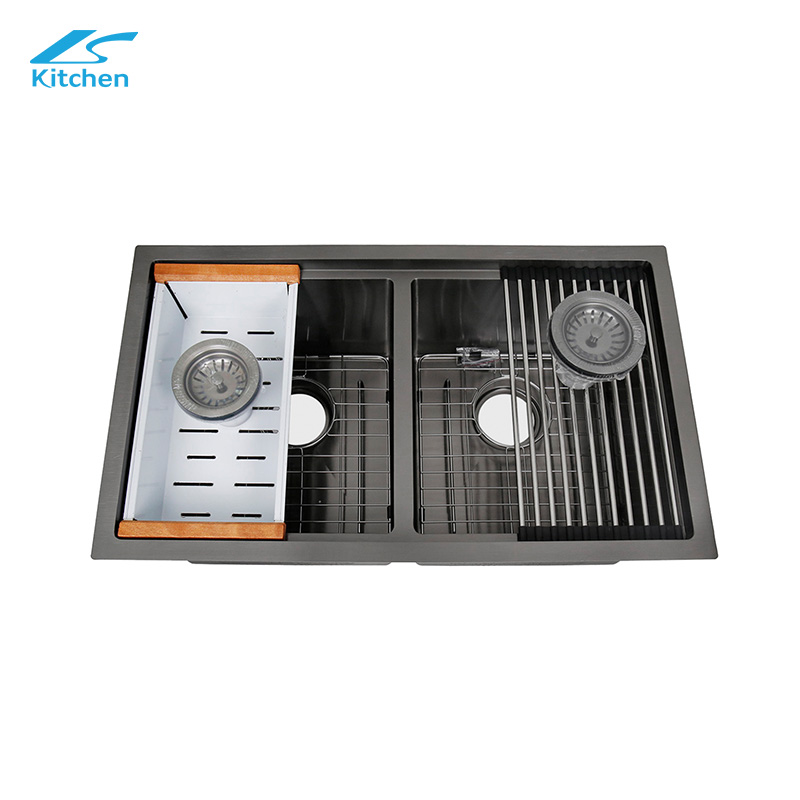 8550 Handmade Family Kitchen Black Sink Stainless Steel Noise-proof Treatment, Modern and Simple Style Undermount Double Bowl Sink 