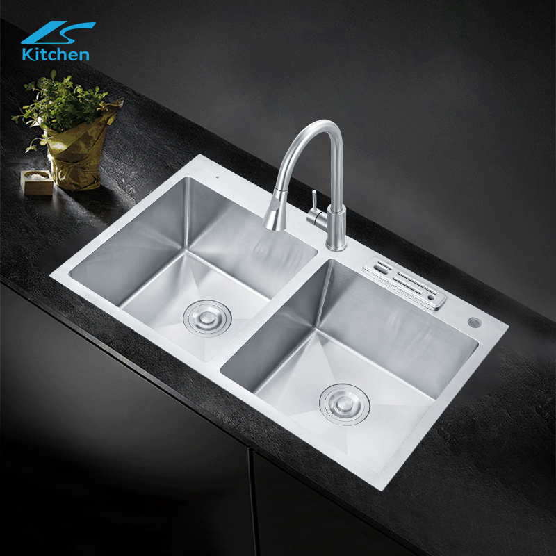 Knife Grooves SUS304 Deep Basin Nano Double Bowl Undermount Handmade Stainless Steel Silver Kitchen Sink