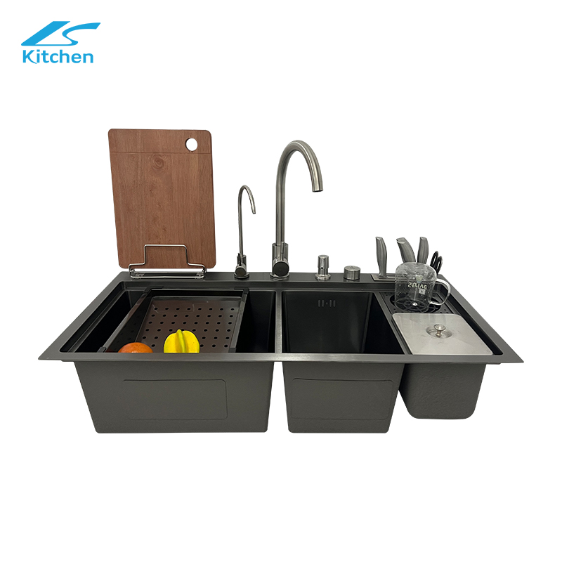 Smart multifunction black kitchen sink with dual handmade bowls, knife holder, cutting board rack, soap dispenser & more – ideal for modern homes.