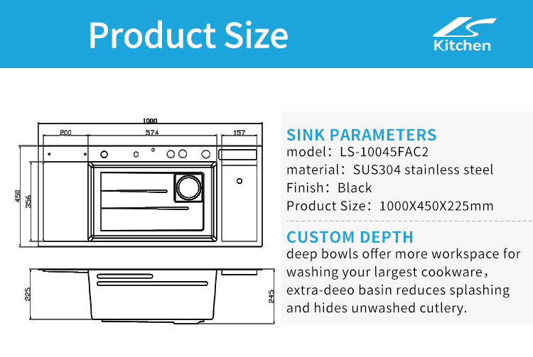 Hot Sale Black Large Single Bowl Multi-function Waterfall Kitchen Sink with Chopping board rack, Soap dispenser, Water purifier, Waterfall faucet, Knife rack