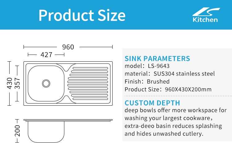 High Quality Kitchen Sink Supplier Modern Sink with Rectangular Drainboard in Kitchen