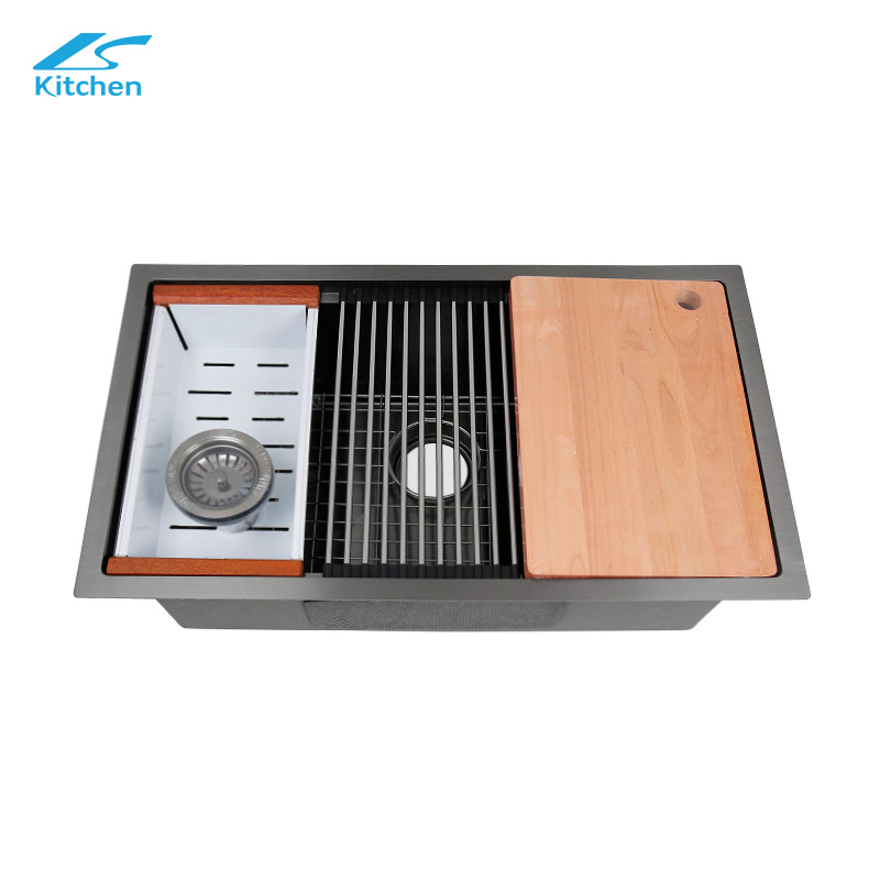 Large Size Kitchen Handmade Stainless Steel Sink Stepped Flume Modern House Design with Draining Basket, Roller Shutter Draining Rack, Cutting Board