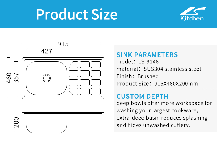 9146 Large Size Food Grade Stainless Steel Sink with Draniboard for House Kitchen 