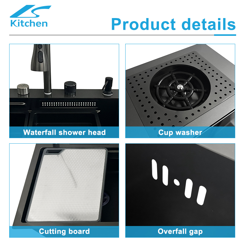  Latest Black Luxury Waterfall Smart Nano Garbage Kitchen Sink in Modern Home Kitchen with Waste Bin Cover