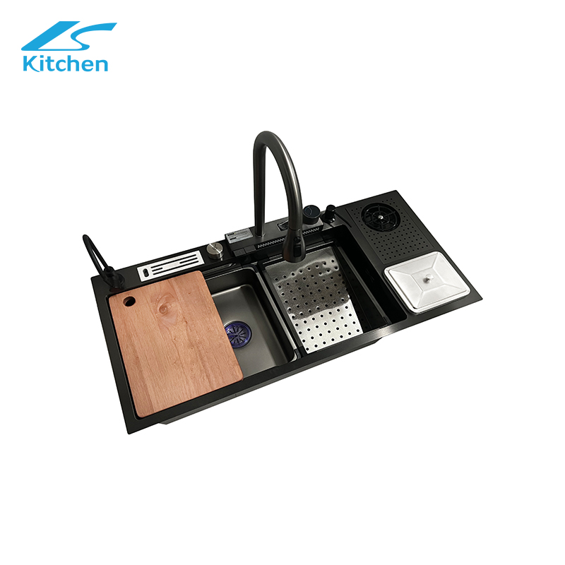 Black Nano Anti-Scratch Waterfall Handmade Kitchen Sink Large Kitchen Sink