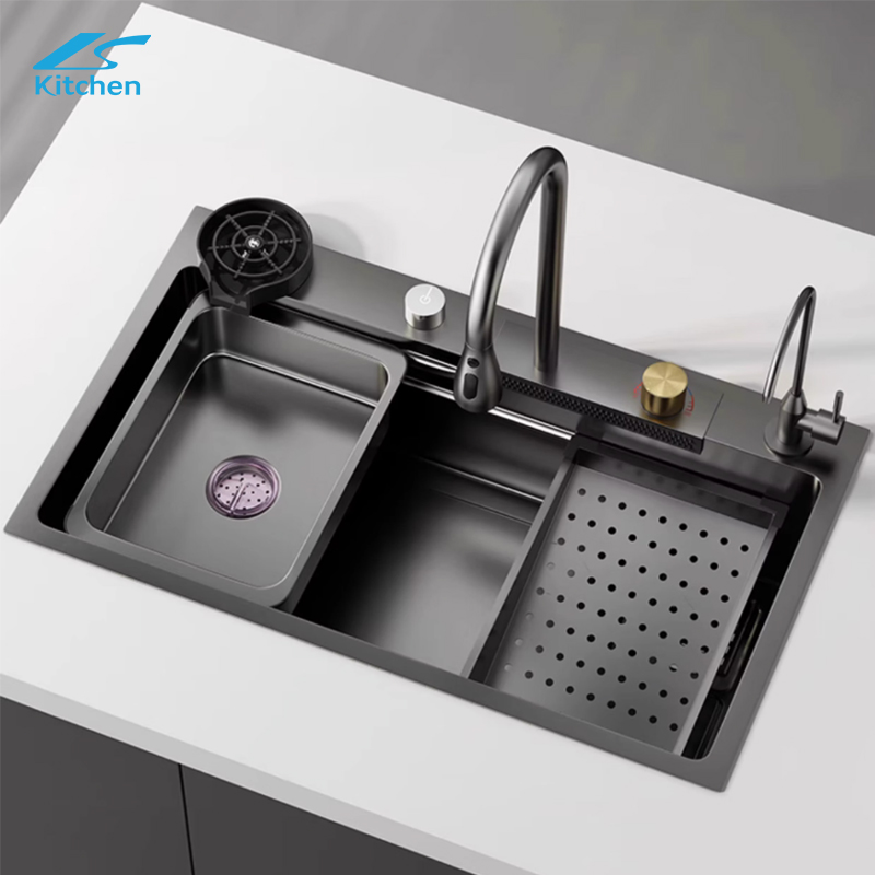 Modern Multifunction Rectangular Single Bowl Stainless Steel Waterfall Kitchen Sink